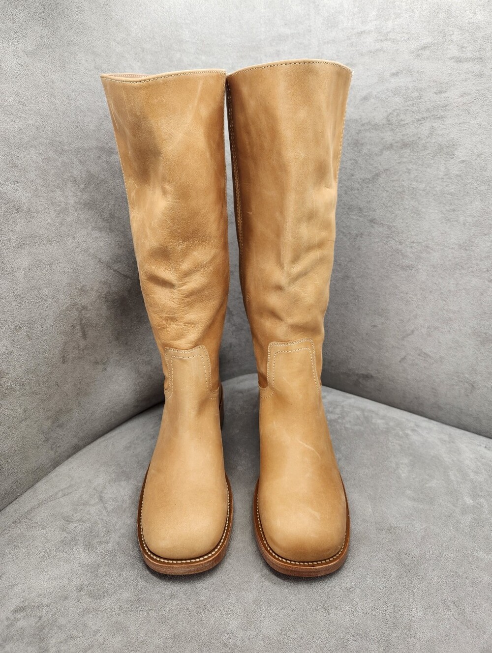 Steve Madden Knee High Boots 5.5 Tan Leather Riggs Biker Chunky Pull On New $200 - Picture 13 of 17